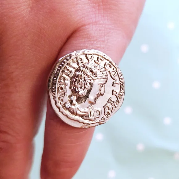Silver Greek Coin Plastic Button Adjustable Ring OOAK Handmade - Picture 5 of 5